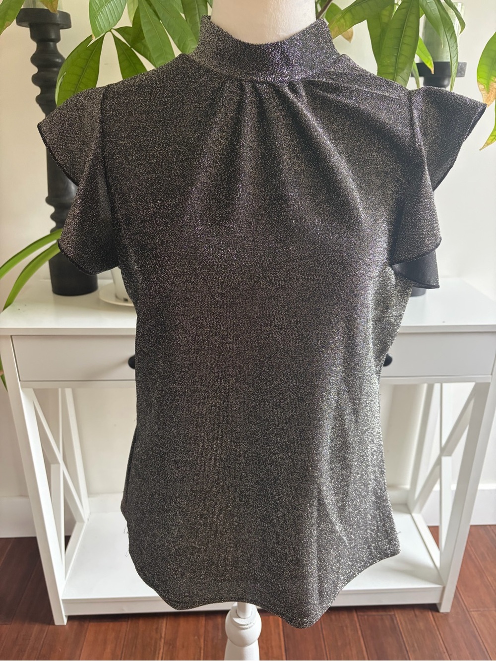 Sparkle Mock Neck Flutter Sleeve Blouse - Silver